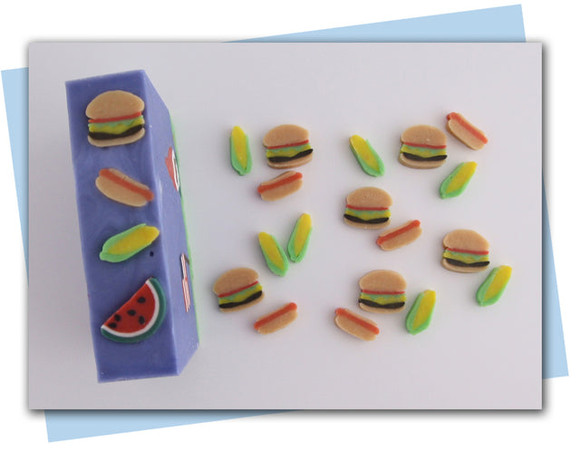 Hotdog, hamburger, corn on the cob extruder disc soap embeds