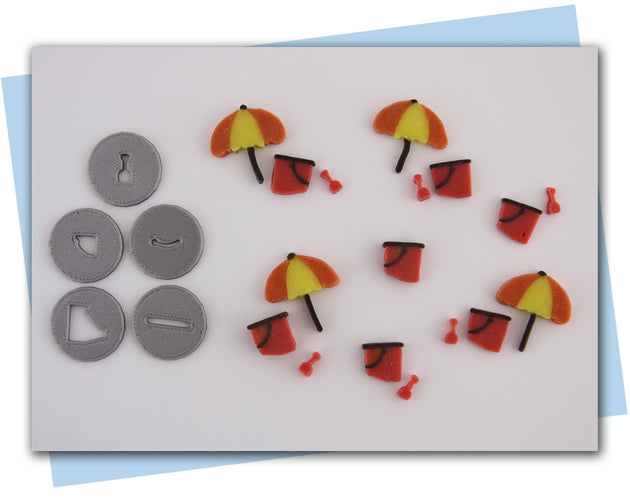 beach umbrella, pail, and shovel extruder disc soap embeds