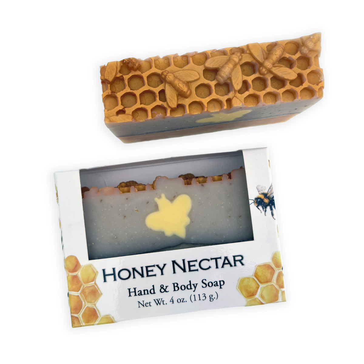 A bar of Honey Nectar hand and body soap shown above its retail box on a white background. The soap has a natural honeycomb and bee design on top, and the box features a clear window showing the soap inside with a yellow bee graphic.