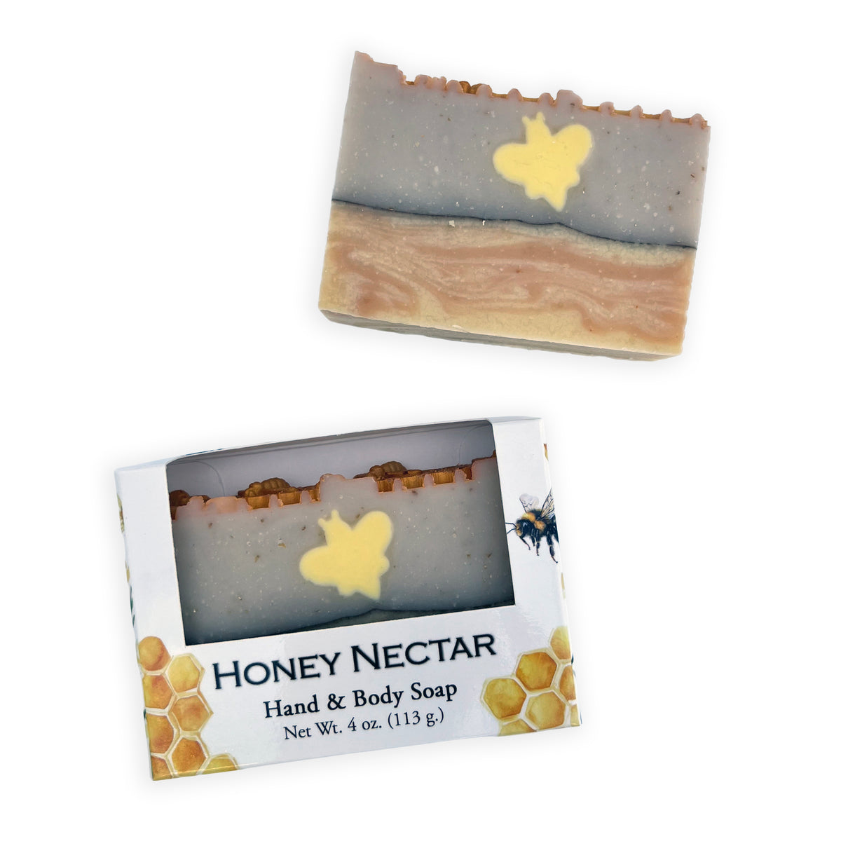 A bar of Honey Nectar hand and body soap shown both unwrapped and in its retail box. The soap has a rustic, jagged top edge and is layered in shades of gray, beige, and light brown, with a yellow wax butterfly in the center.