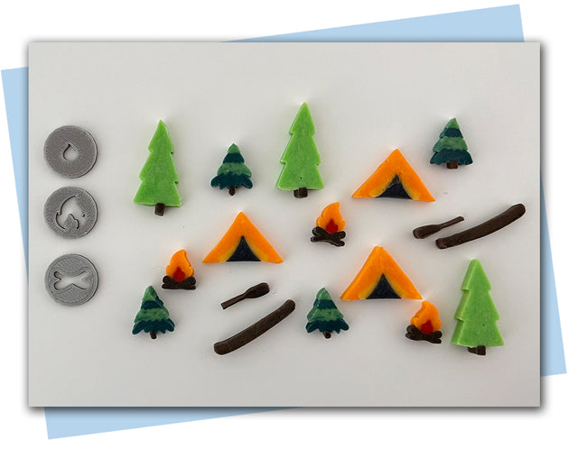 Camping Themed Extruder Discs: Tent, Canoe, Trees, and Canoe with oar