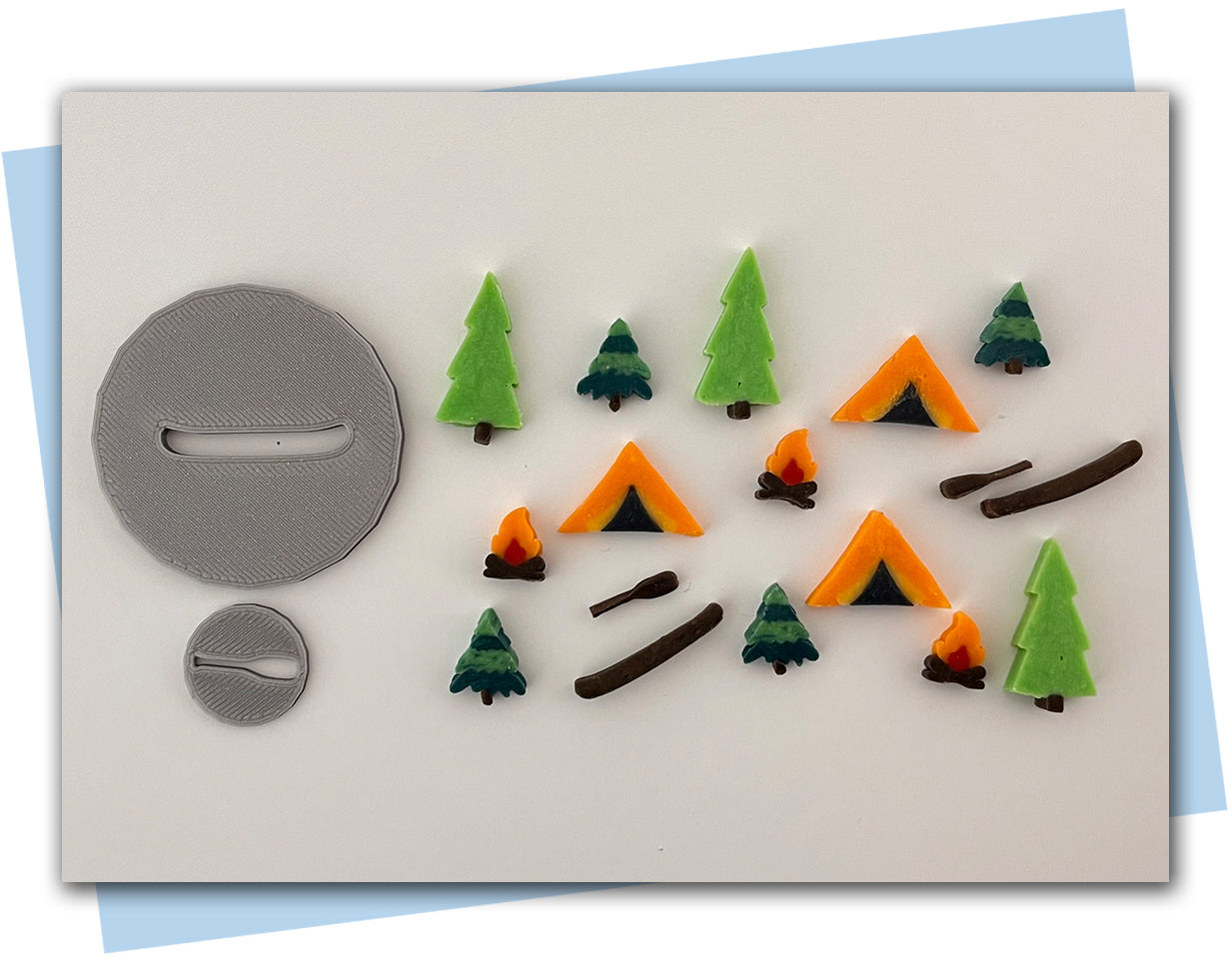 Camping Themed Extruder Discs: Tent, Canoe, Trees, and Canoe with oar