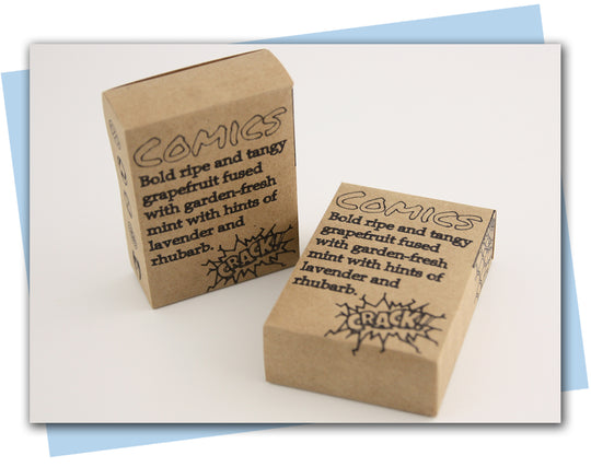 Two cardboard boxes with text and graphics on a white background Comics Theme