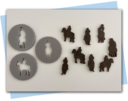 Three different cowboy on a horse extruder disc designs