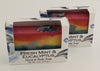 Bars of soap in custom packaging with with a dolphin jumping out of the water in  a sunset design
