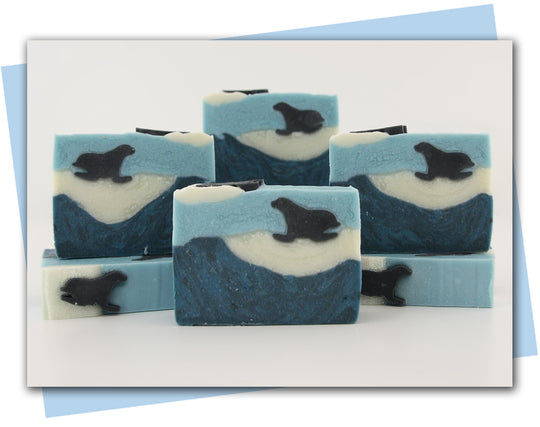 Bars of soap with a sea lion sitting on a floating block of ice ocean design