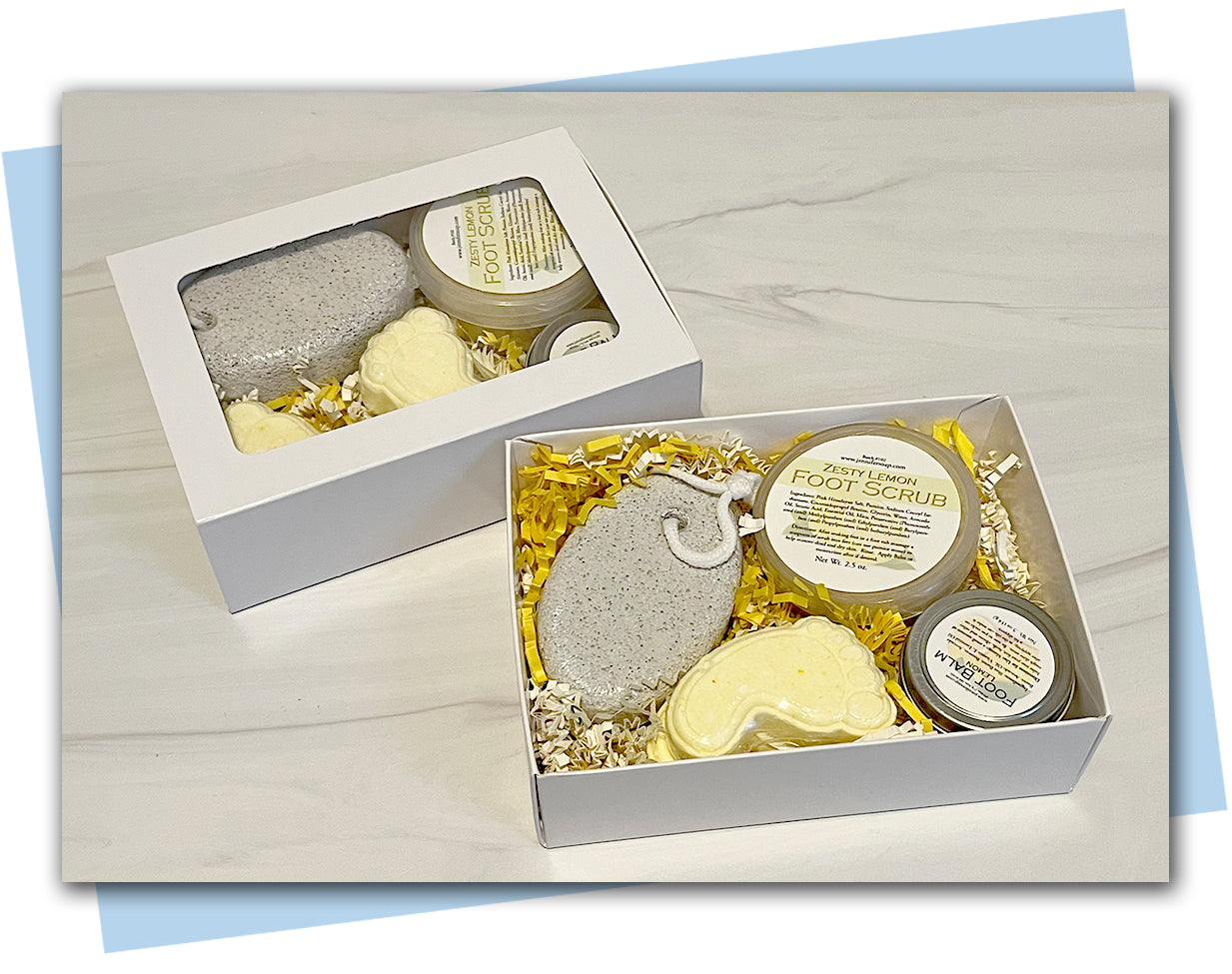 foot pamper set with foot fizzies, scrub, balm and pumice stone