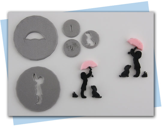 Girl holding umbrella over her head with dog at her feel extruder disc set