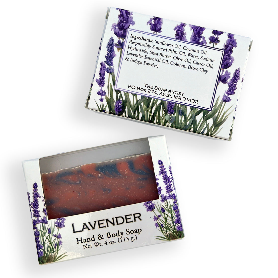 Two boxed bars of lavender hand and body soap shown on a white background, with one box open to reveal the soap bar inside and the other showing the printed lid.