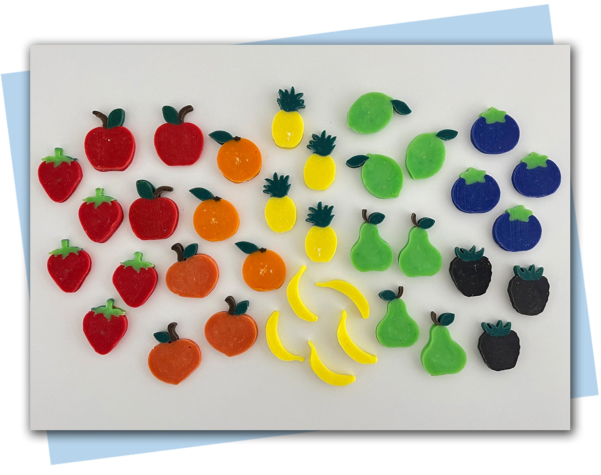 Fruit extruder discs: apples, oranges, peaches, pears, banana, pineapple, lime, blueberry, raspberry