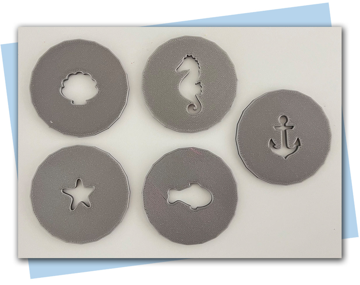 large ocean elements extruder discs: seahorse, shell, starfish, anchor, and fish