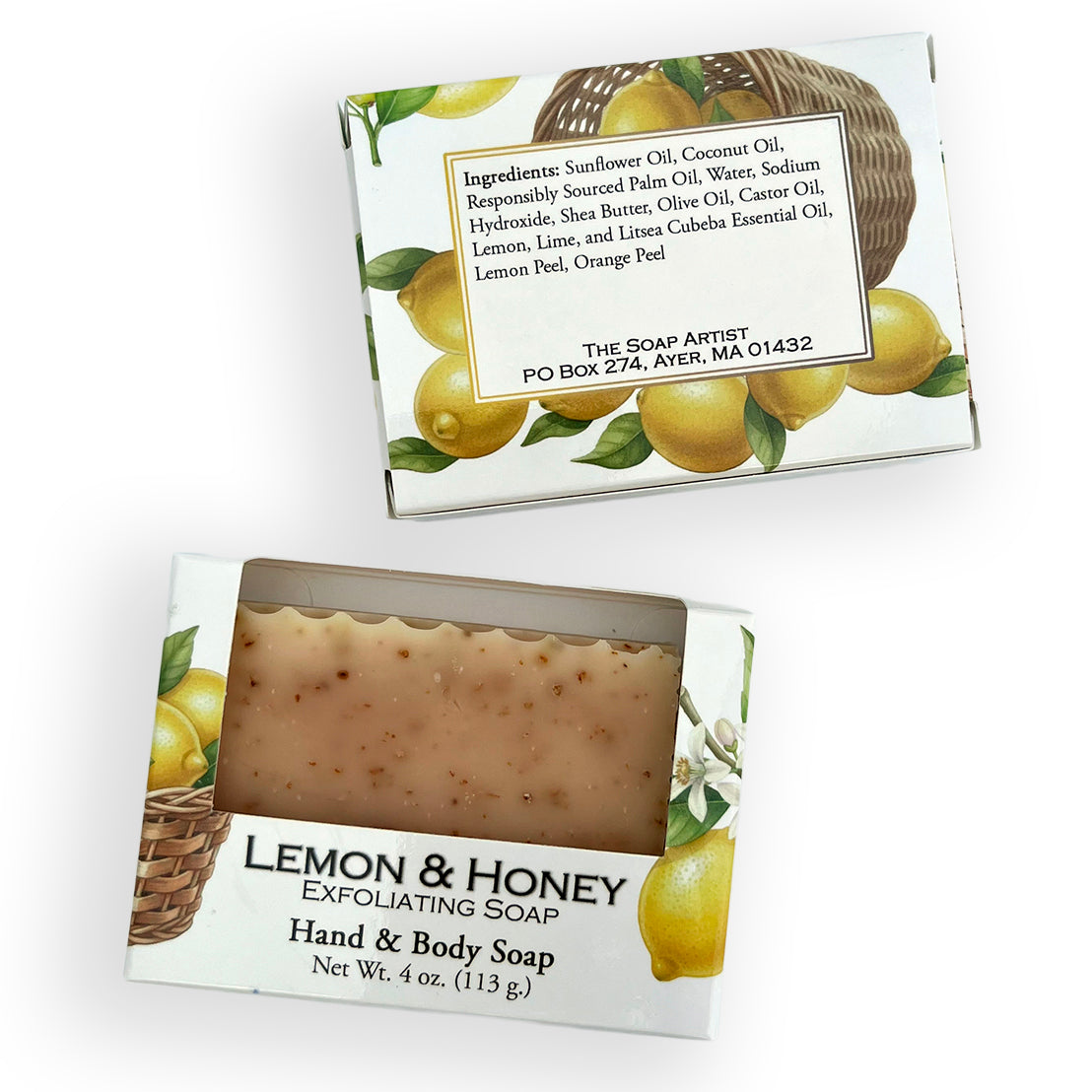 Two boxed bars of exfoliating hand and body soap on a white background. The packaging features lemon and wicker basket illustrations, with one box showing the soap bar through a clear window.