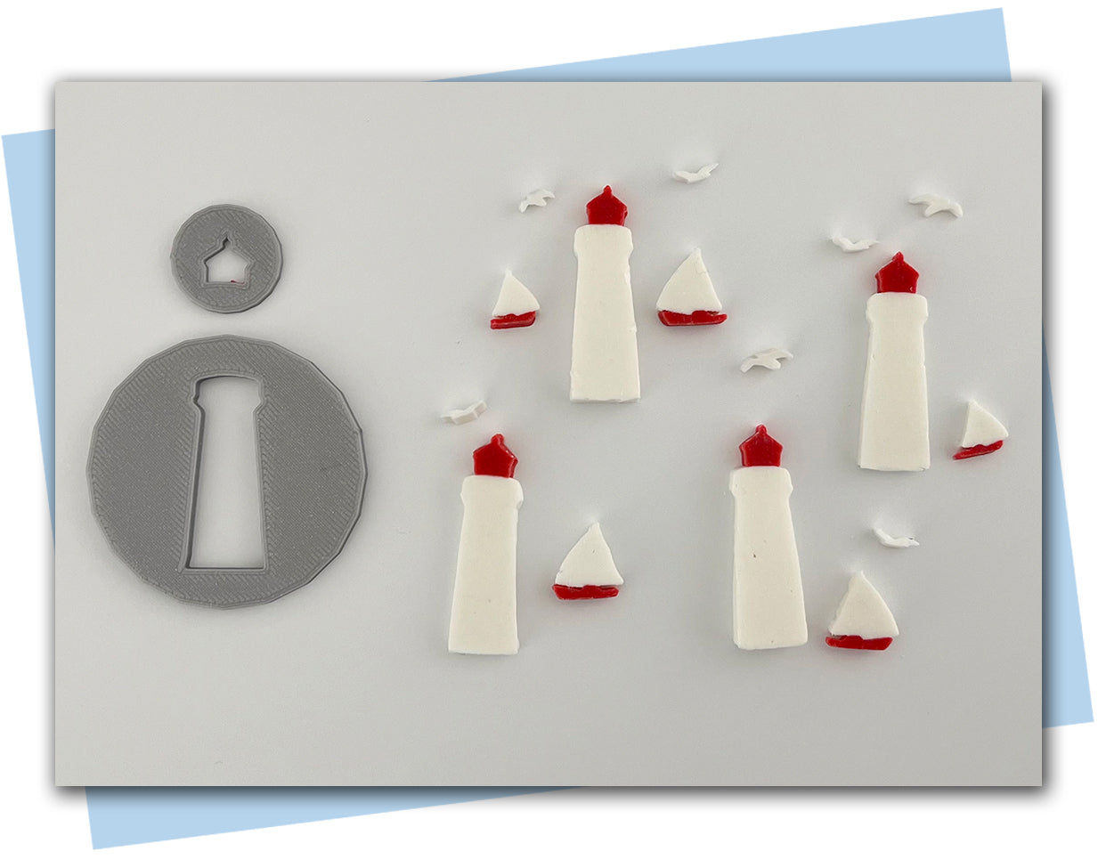 Lighthouse, sailboat, and seagull extruder discs