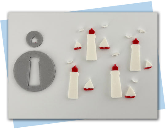 Lighthouse, sailboat, and seagull extruder discs