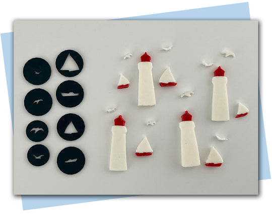 Lighthouse, sailboat, and seagull extruder discs