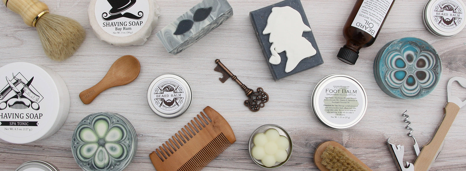 Picture of men's grooming products soap, balm, shave soap
