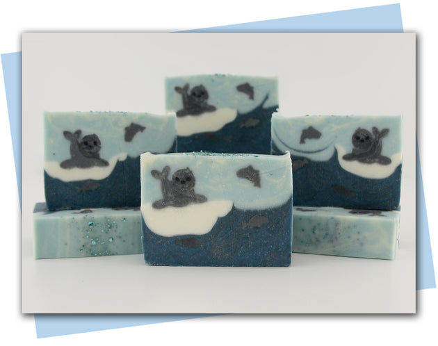 baby seal sitting on a block of ice in the ocean with fish in the water bars of soap