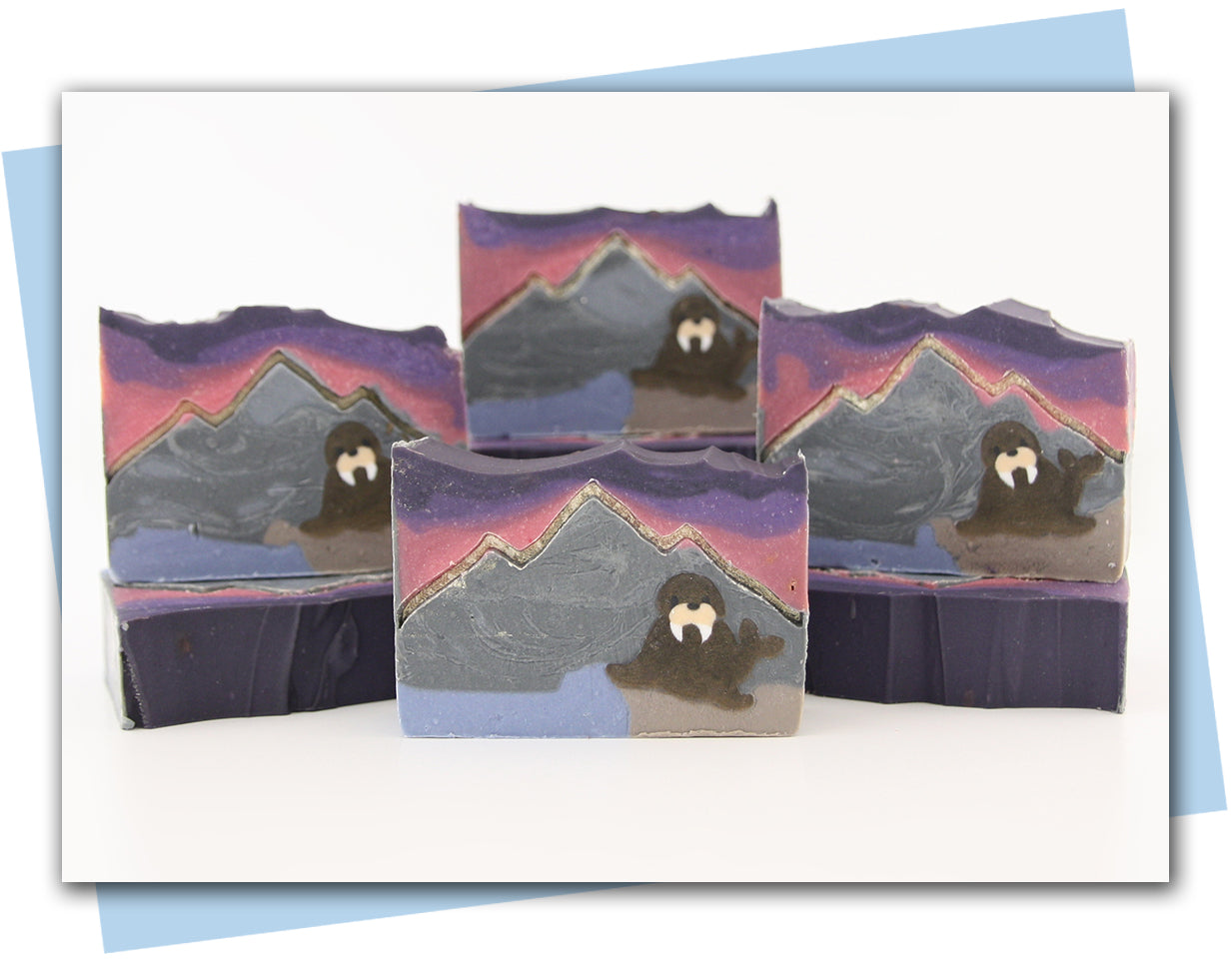 Walrus sitting on a rock looking over the ocean with mountains in the background bars of soap