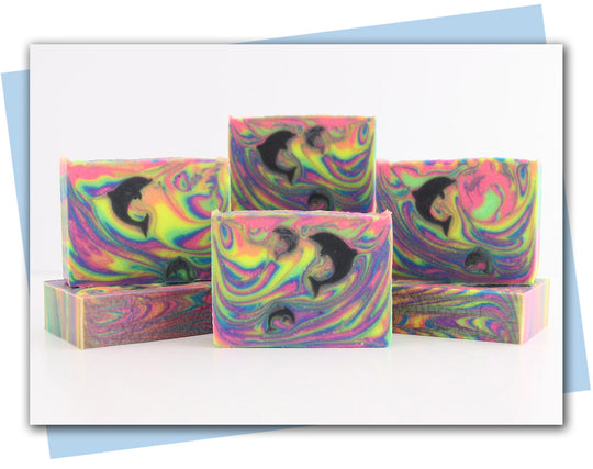 Neon rain bow swirl with dolphin embeds bars of soap