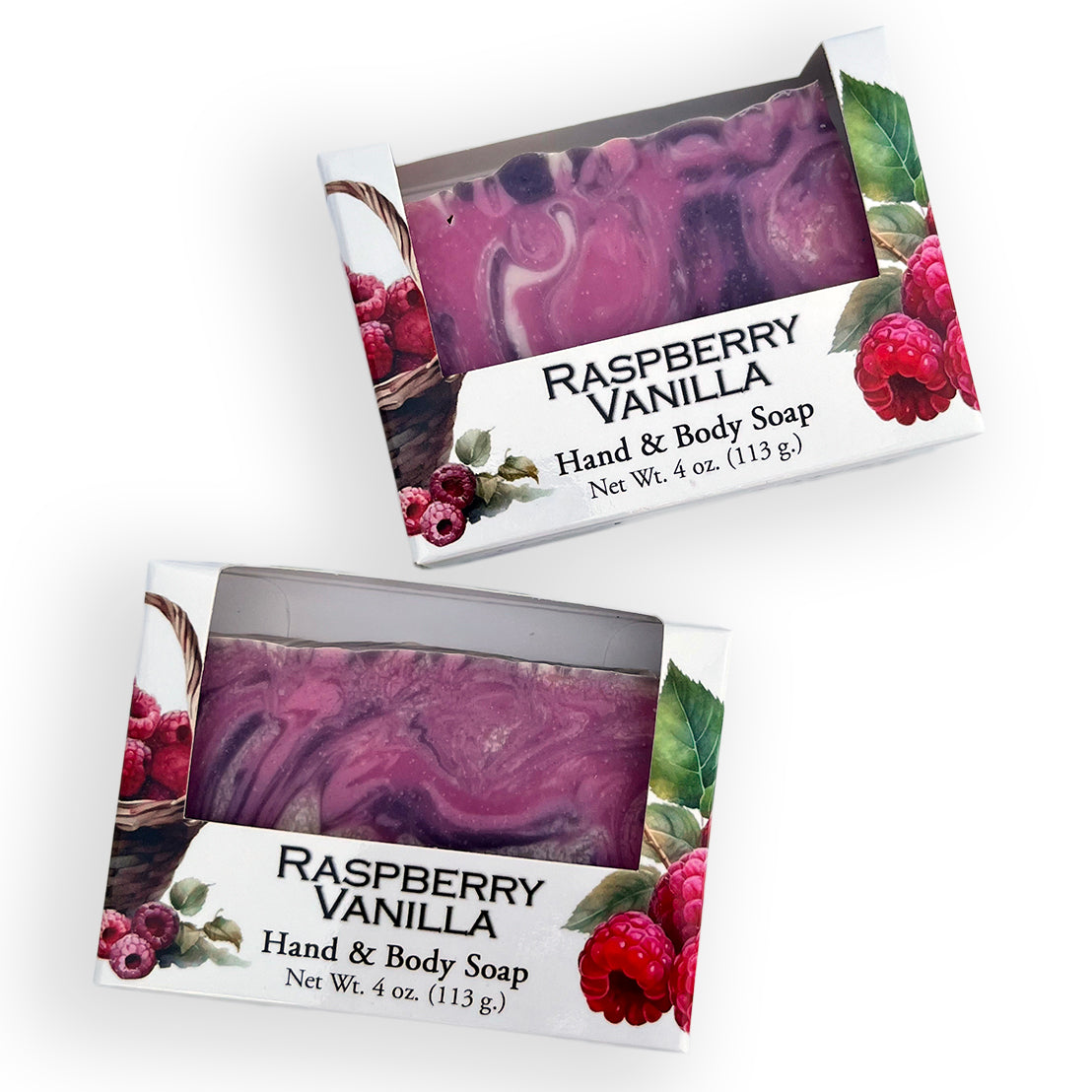 Bars of soap in custom packaging with purple, pink, and white swirl design