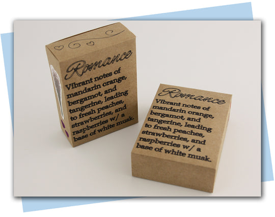Two cardboard boxes labeled 'Romance' with text on a light background