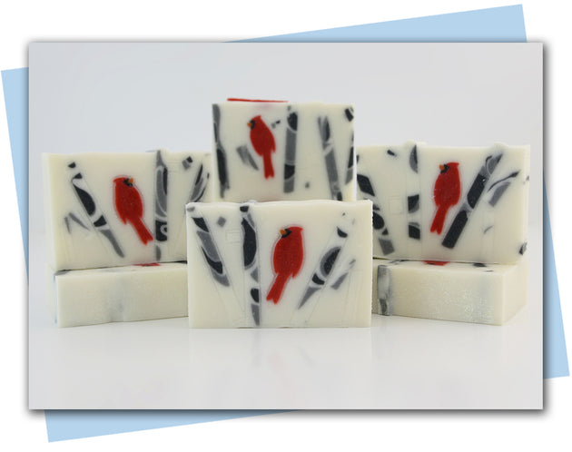 cardinal soaps in a birch forest