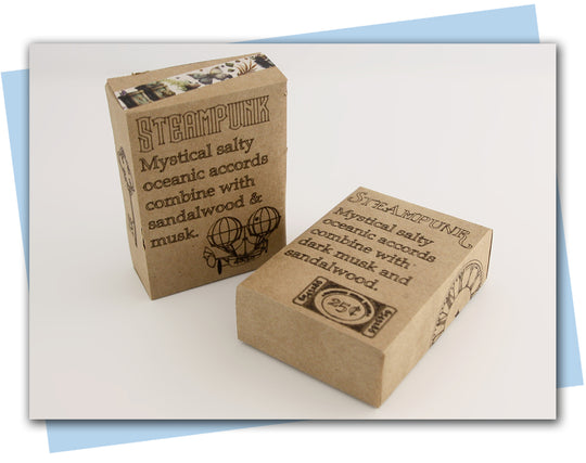 Two cardboard boxes with 'Steampunk' text and design on a light background