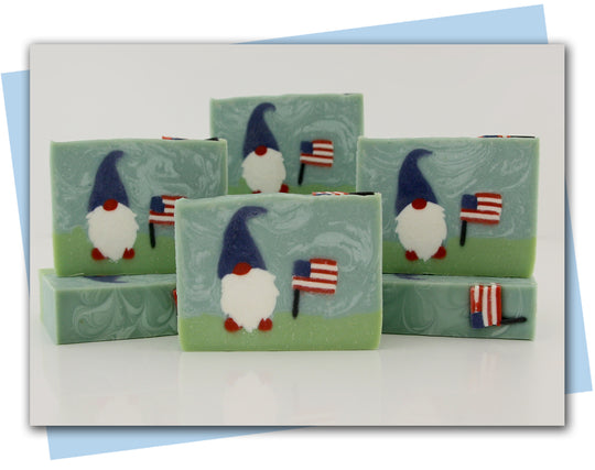 Patriotic gnome soap with an American flag bars of soap