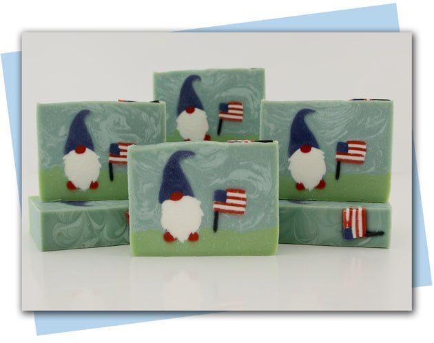 Patriotic gnome soap with an American flag bars of soap