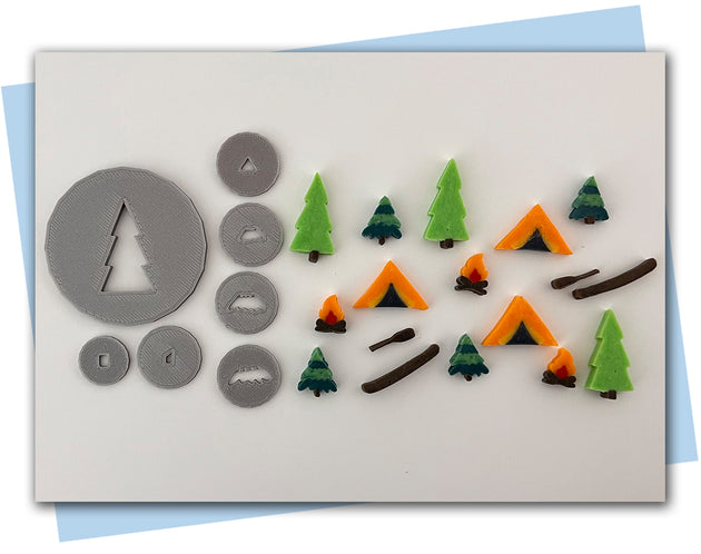 Camping Themed Extruder Discs: Tent, Canoe, Trees, and Canoe with oar