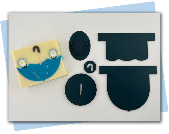 Umbrella extruder disc AND soap scraper set with a stamp