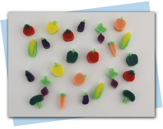 vegetable extruder discs: corn, carrot, pepper, eggplant, radish, broccoli, tomato extruder discs