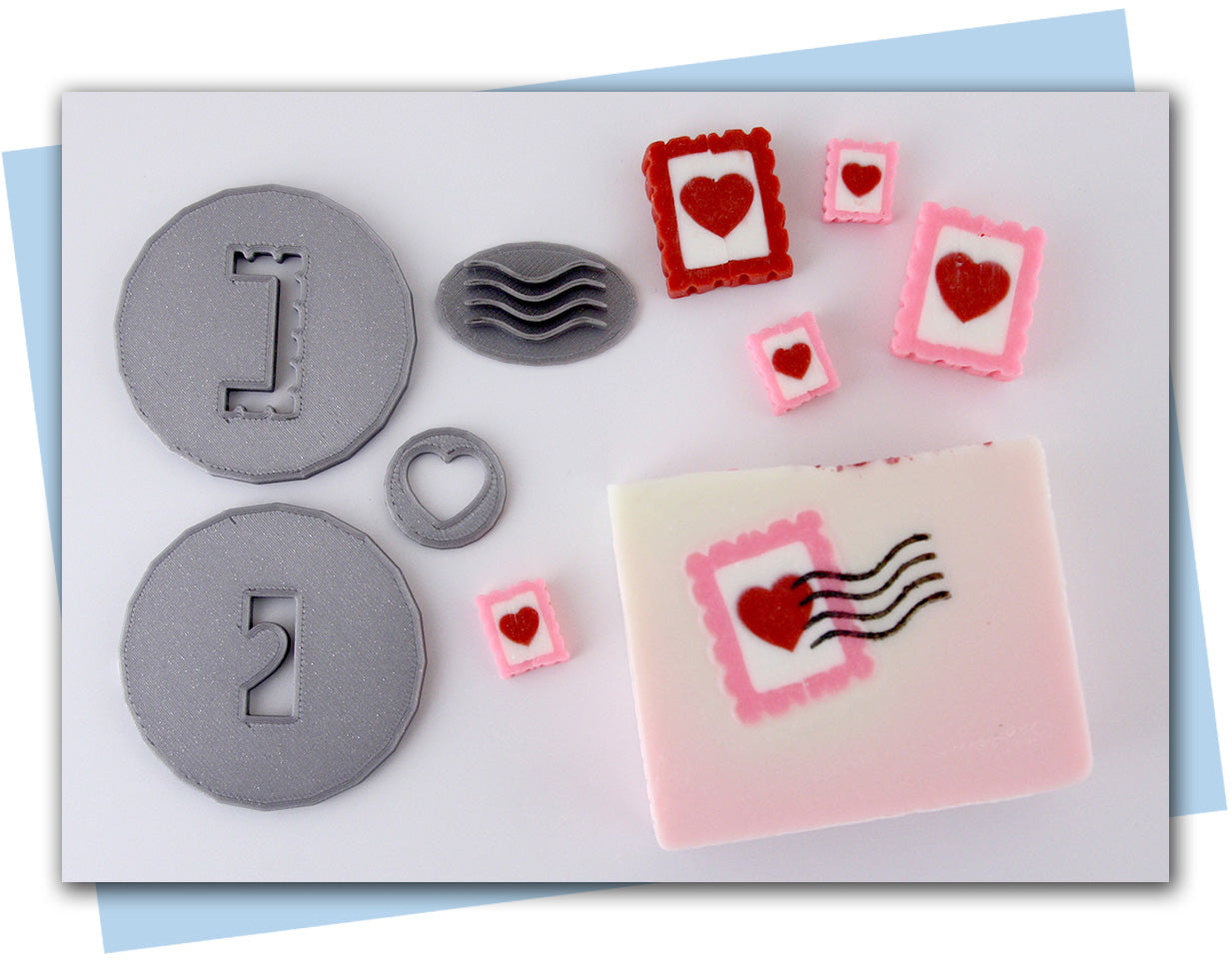 57mm Postage stamp extruder discs set with bar soap example