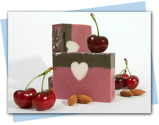 bar of soap scent Cherry citrus with heart design and pink and brown